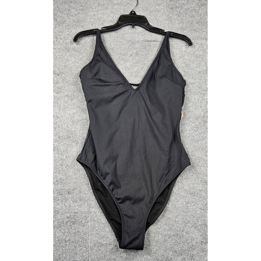 NWT Berlook Womens Black V-Neck Lace Up Back One Piece Swimsuit Size Large